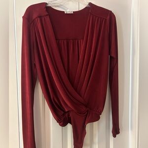 Free People Red Wrap-Style Bodysuit with V-Neck